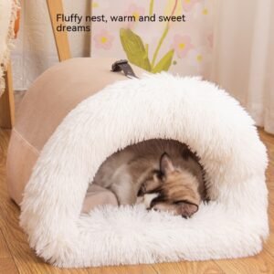 Portable Long Fur Pet Bed Warm, Moisture-Proof Dog & Cat Nest for Autumn & Winter