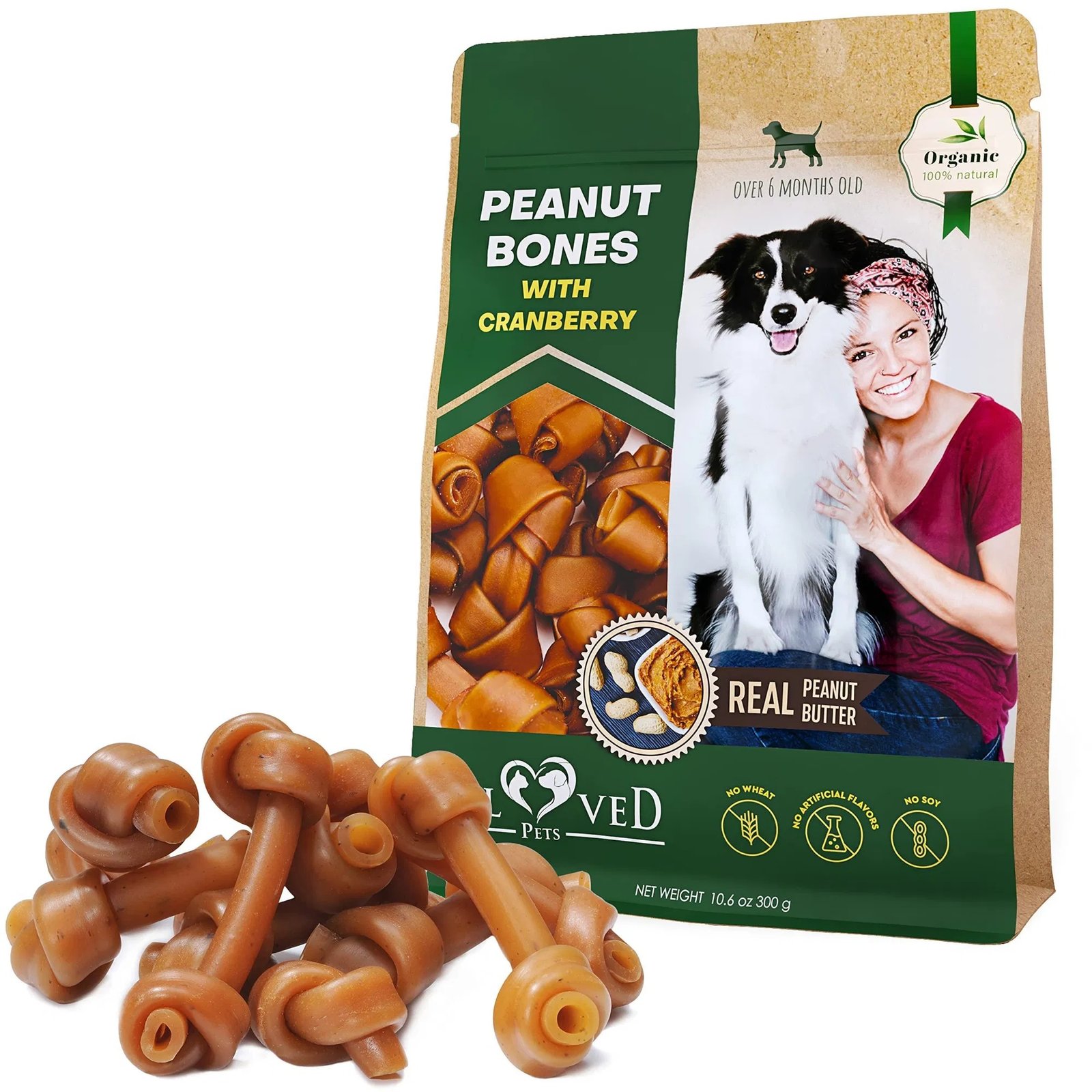 Dog Peanut Butter Bones with Cranberry Rawhide-Free, Organic Healthy Snacks Collagen Chews for Small & Large Dogs