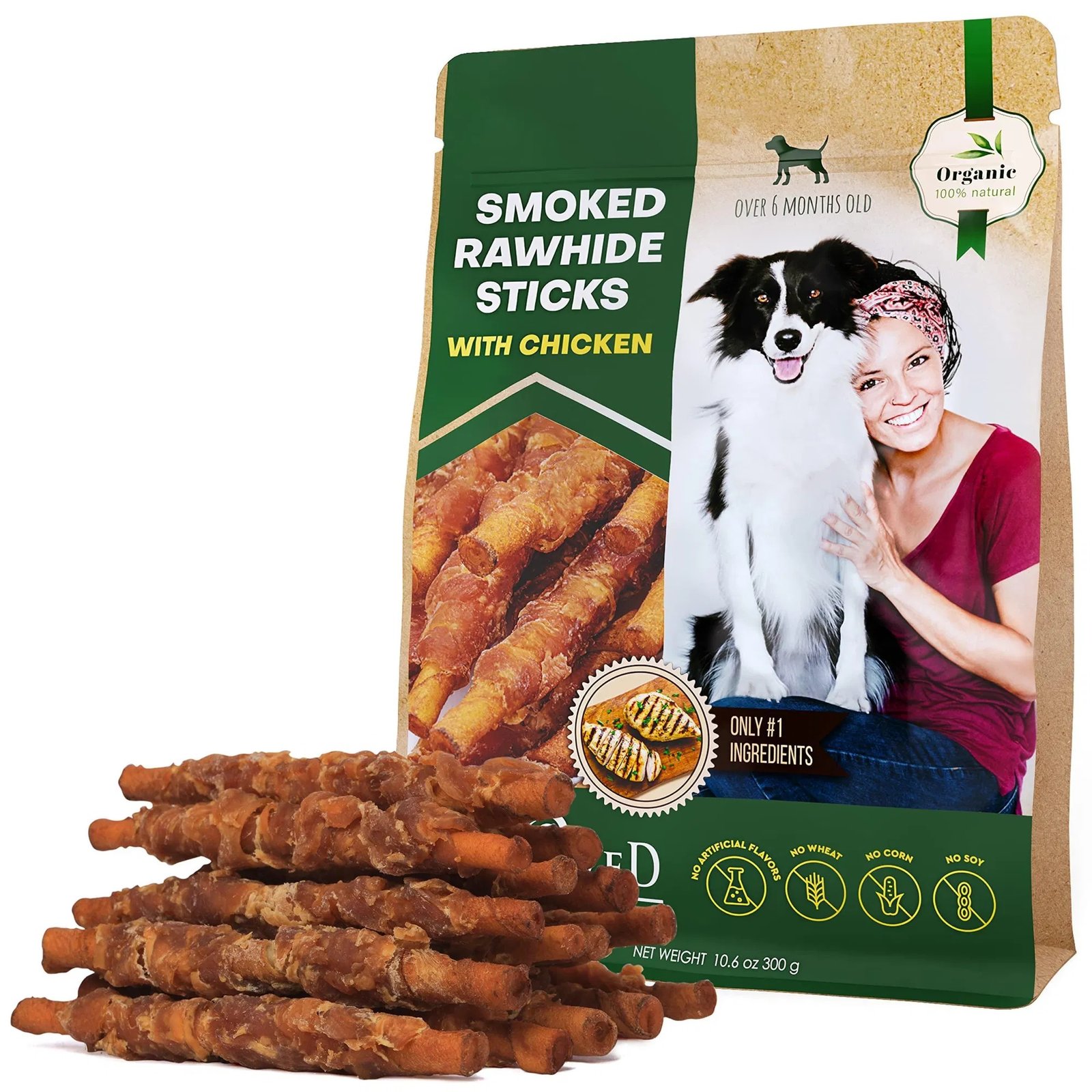 Smoked Rawhide Dog Sticks with Chicken Organic, Grain-Free, Healthy & Human-Grade Chew Treats for Dogs